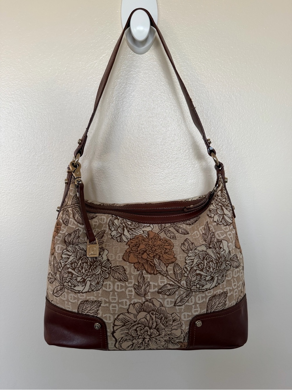 ETIENNE AINGER Vintage Brown Floral Shoulder Hobo Bag with Charm
